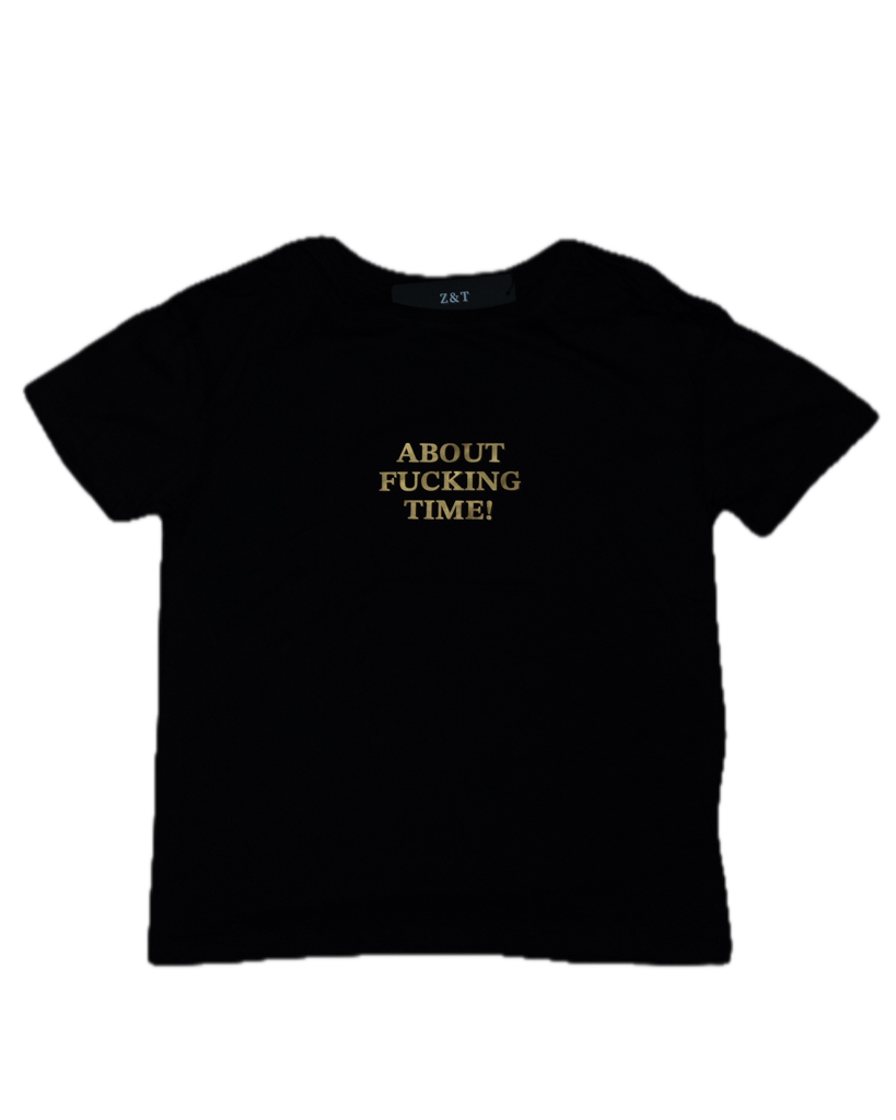 Black t-shirt with gold text on a white background