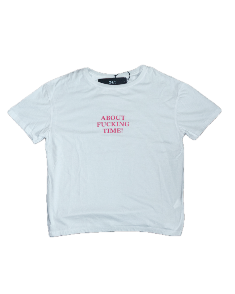White t-shirt with pink text on a white background