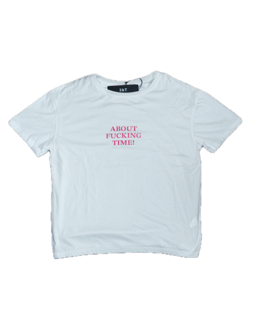 White t-shirt with pink text on a white background