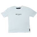 White t-shirt with camo text