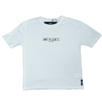 White t-shirt with camo text