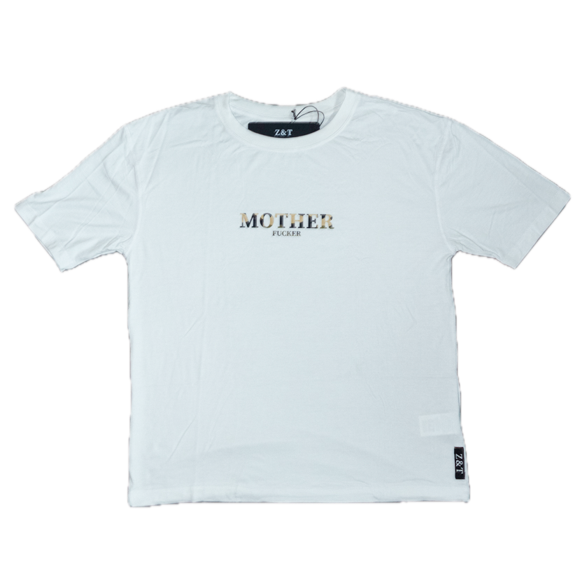 White t-shirt with camo text
