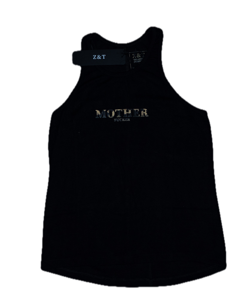 Black tank top with 'MOTHER fucker' text in camo
