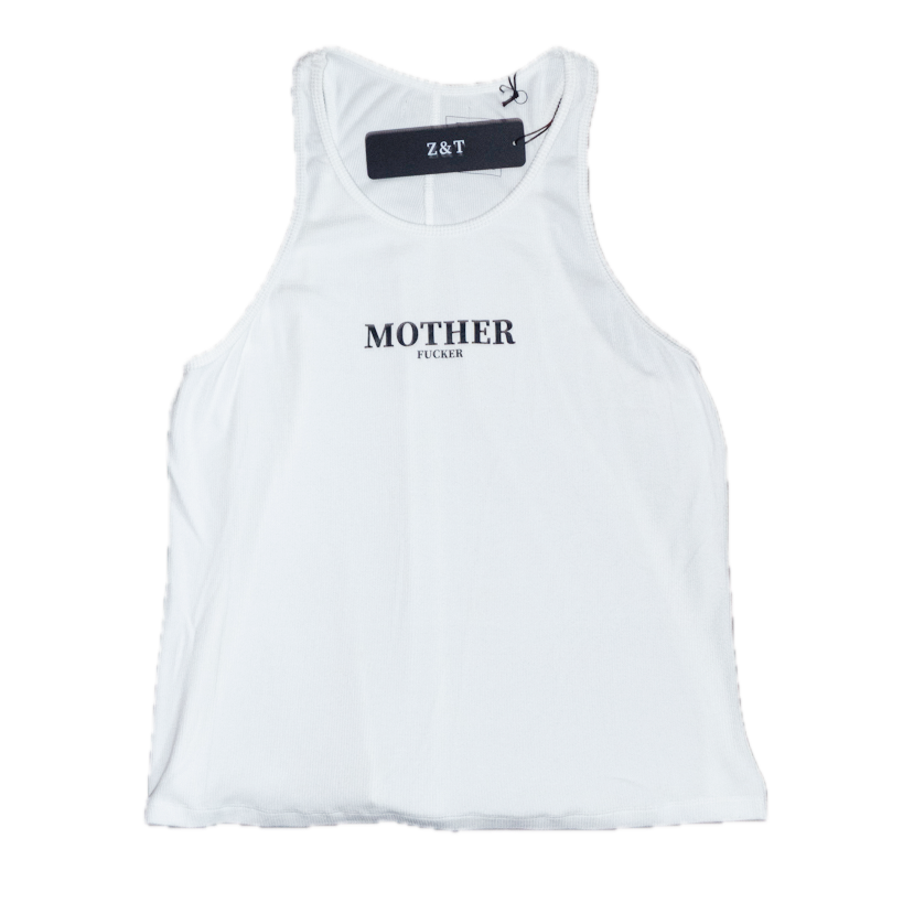 White tank top with 'MOTHER fucker' text on a white background